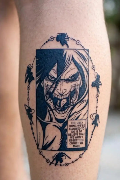 No Regrets Titan Quote developed tattoo on skin