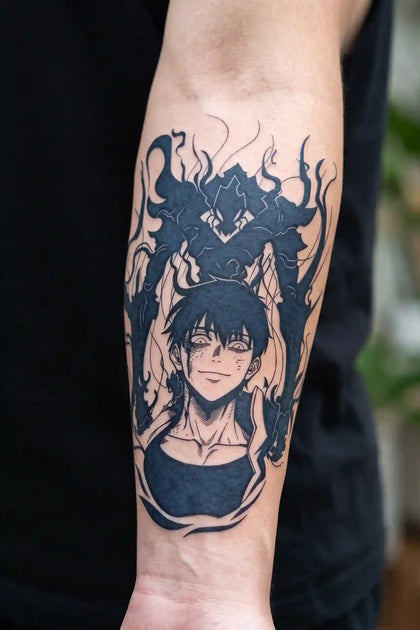 Shadow Monarch Rising developed tattoo on skin