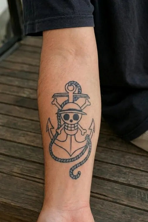 Customer wearing ANIMETAT anime anchor tattoo on forearm