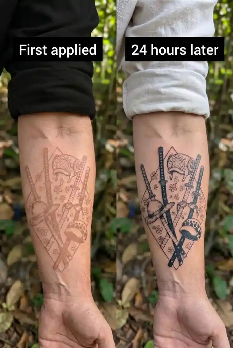 ANIMETAT tattoo first applied and 24 hours later