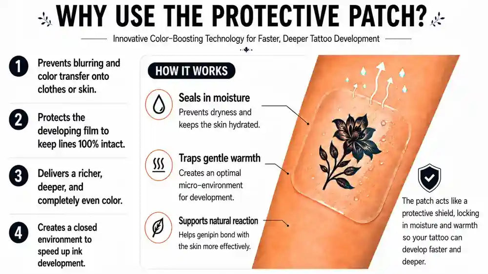 Accelerated Tattoo Development explains how the protective patch helps temporary tattoo color develop faster and deeper