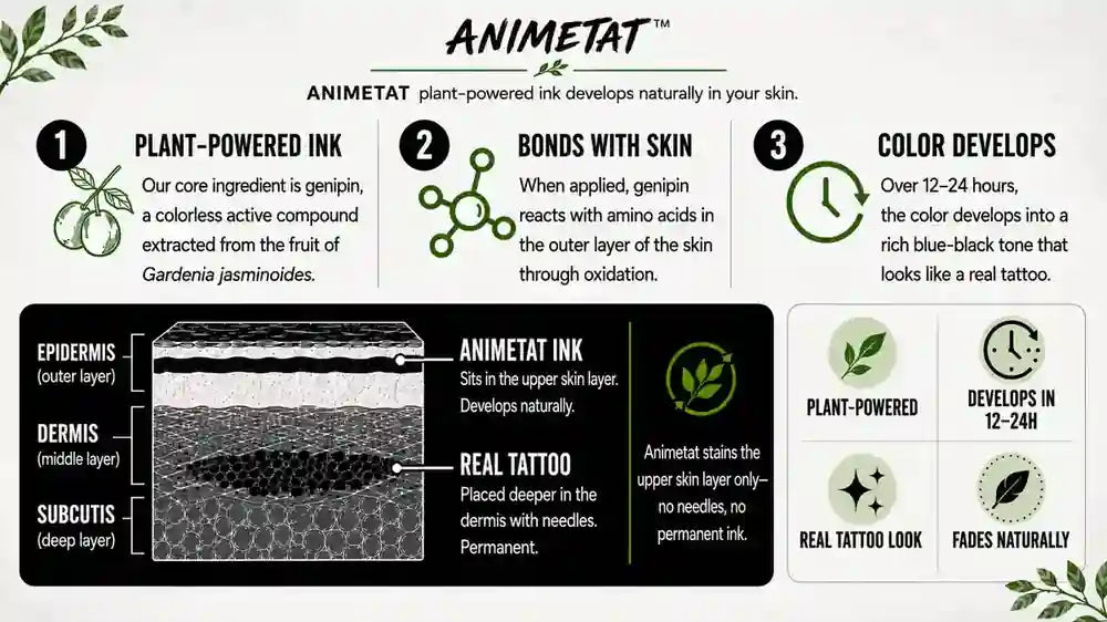 Botanical Ink Innovation explains how ANIMETAT plant-powered temporary tattoo ink develops naturally on skin